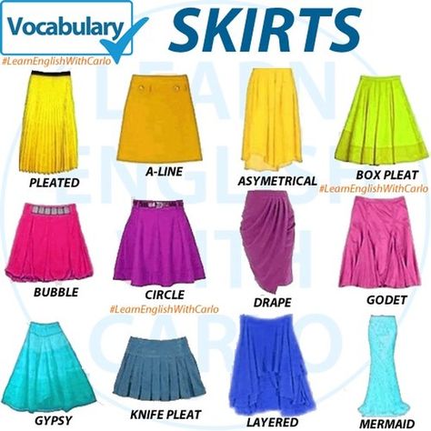 Learn English with Carlo on Instagram: “VOCABULARY - Skirts  There are many different kinds of skirts. I wasn't aware of most of them. Here's a slide of some of the more common…” Knife Pleat, Good Color Combinations, Fashion Vocabulary, Prom Looks, Pattern Drafting, Different Kinds, Fashion Design Sketches, Box Pleats, Skirt Pattern