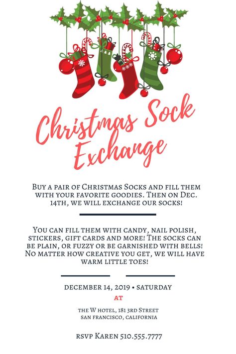 Sock Exchange Party Invitations, Christmas Socks Exchange Ideas, Christmas Sock Party Ideas, Ladies Christmas Sock Exchange, Secret Santa Sock Exchange, Christmas Activities For Employees, Christmas Color Party, Stocking Exchange Party, Sock Swap Party Gift Exchange