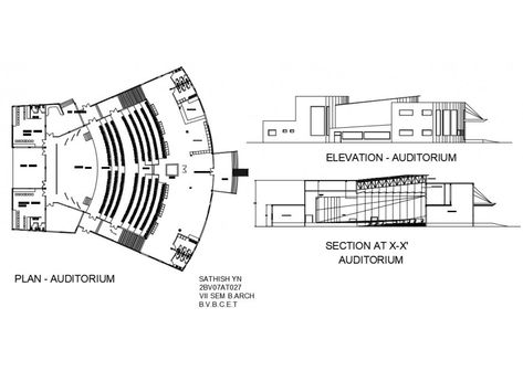 Auditorium hall elevation, section and plan details dwg file Lecture Hall Plan, Section And Plan, Auditorium Plan, Analysis Architecture, Site Analysis Architecture, Elevation Ideas, Auditorium Design, Multipurpose Hall, Campus Design