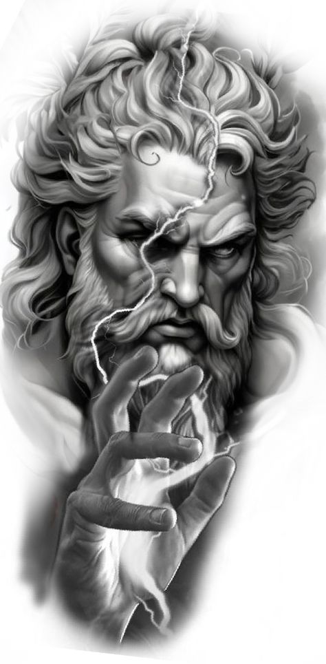 Greek Gods Tattoo Ideas, Zeus Leg Sleeve Tattoo, Hera Tattoo Design, Zeus Tattoo Design Ideas, Zeus Tattoo Stencil, Tattoo Filler Ideas Men Backgrounds, Zues Tattoo Mythology, Zeus Portrait, Zeus Drawing