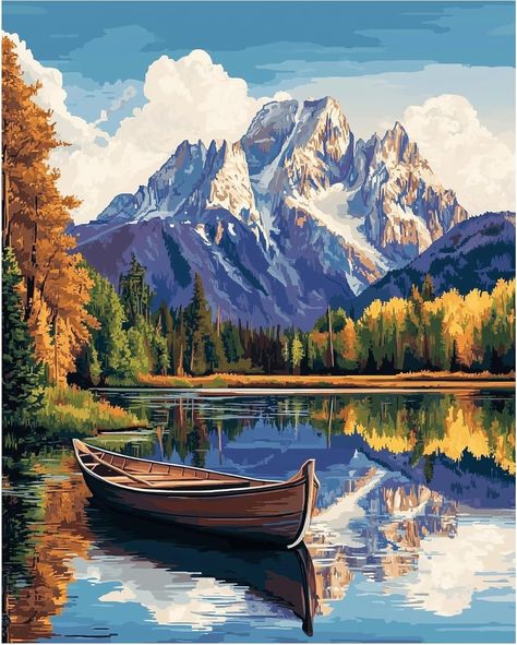 Amazon.com: Paint by Numbers Grand Teton National Park for Adults Kits, Forest Fall Landscape Easy Acrylic DIY Oil Painting on Canvas for Gift Home Wall Decor - Mountains Lake Boat(16x20inch, No Frame) Forest Fall, Diy Oil Painting, Forest Falls, Acrylic Diy, Fall Landscape, Lake Boat, Diy Oils, How To Make Paint, Autumn Painting