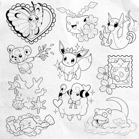 Pokemon Tattoo Drawings, Pokemon Flash Sheet, Pokémon Outline, Pokémon Flash Tattoo, Floral Pokemon Tattoo, 90s Cartoon Flash Tattoo, Anime Tattoo Outline, Nostalgia Tattoo Ideas, Kawaii Tattoo Flash