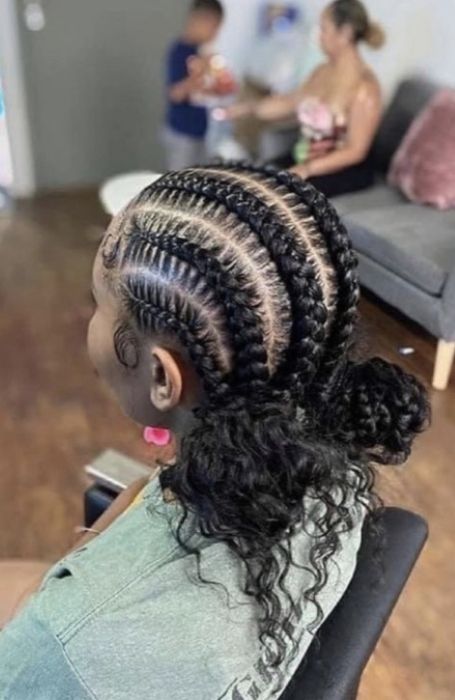 Basic Braid Hairstyles For Black Hair, Hair Braided Back Into A Ponytail, Cornrows With Two Buns In The Back, Cute Braided Up Hairstyles, Braided Bun To The Back, Two Bun Cornrow Hairstyles, Cornrows Going Back Into A Bun, Curly Bun Braids, Cornrow Two Buns