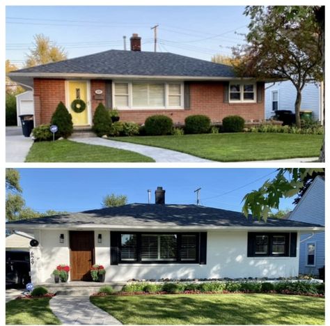 Exterior House Upgrades, Garage Exterior Side Wall Ideas, House Paint Exterior Before And After, Old Brick Ranch Exterior Makeover, Blonde Brick Color Scheme, Modern Ranch Renovation, Paint Brick House, Small Ranch House Exterior, Brick House Exterior Makeover