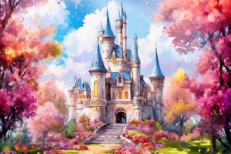 watercolor castle, snow covered, with pink flower tree and moon in the background Castle With Flowers, Building Watercolor, Pink Flower Tree, Castle Snow, Watercolor Castle, Disney Castles, Fairytale Garden, Watercolor Mural, Castle Background