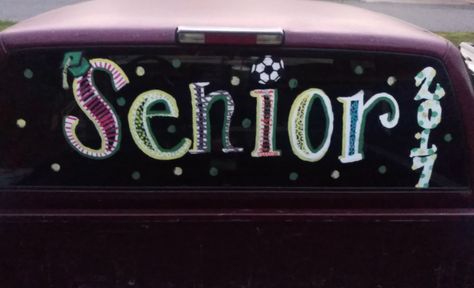 Senior painting on car by Veronica Arreola 2016                              … Senior Car Decorating Ideas, Car Window Paint, Car Decorating Ideas, Prom Car, Car Decorating, Window Paint, Senior Season, Window Markers, Window Writing