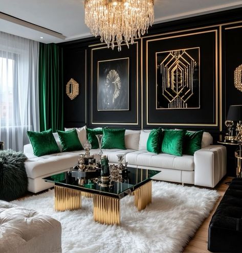 Green Living Room Furniture Ideas, Black Green Gold Living Room, Black Gold And Green Living Room, Green Black Gold Living Room, Green Black And Gold Living Rooms, Black And Green Living Room, Modern Luxury Living Room Decor, Green And Gold Living Room, Cream And Gold Living Room