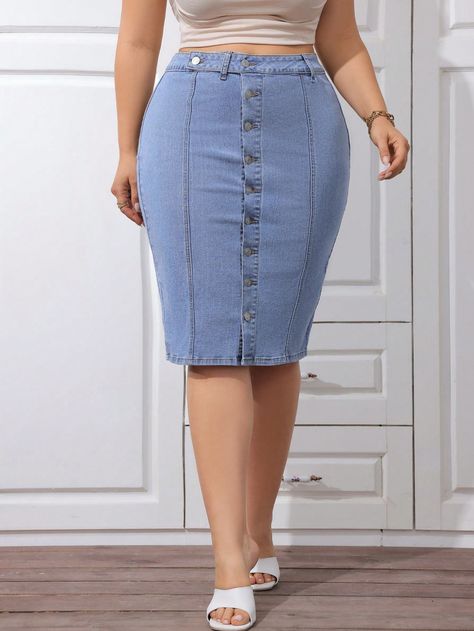 Plus Size Summer Casual Slim Fit Denim Skirt With Front Buttons Light Wash    Denim Plain Pencil Medium Stretch  Women Plus Clothing, size features are:Bust: ,Length: ,Sleeve Length: Fitted Denim Skirt, Plus Size Summer Casual, Work Suits, Plus Size Summer, Jeans Rock, Light Wash Denim, Jeans Slim, Plus Clothing, Summer Casual