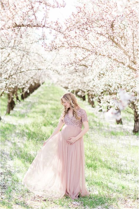 Maternity Photo Shoot Dresses, Outside Maternity Pictures Spring, Maternity Shoot Garden Ideas, Orchard Maternity Pictures, Almond Orchard Photoshoot, Springs Maternity Shoot, Maternity Photo Shoot Ideas Cherry Blossom, Apple Blossom Maternity Photos, Cherry Blossom Pregnancy Photos