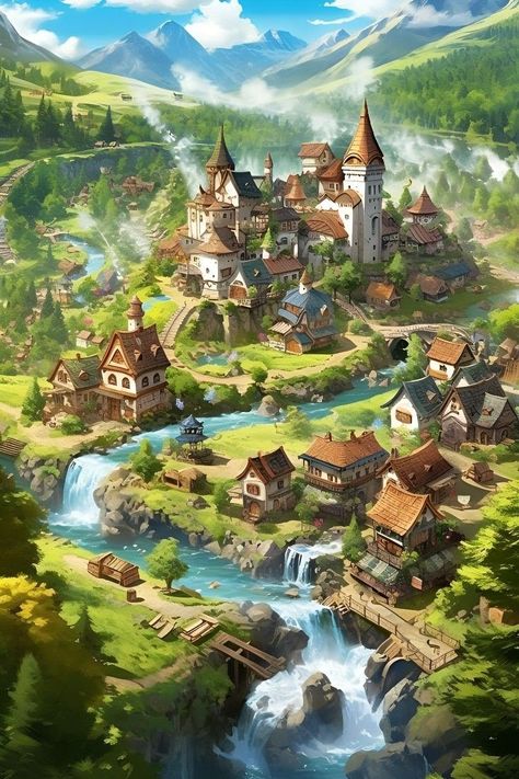 Everything you need to get started in painting, from how to use brushes, layers, and different layer techniques all the way to mastering advanced editing techniques. Magical Village Art, Fantasy City Illustration, Dnd Fantasy Art Landscape, Dnd Castle, Rpg City, House Concept Art, Castle Village, Fantasy Country, Art Buildings