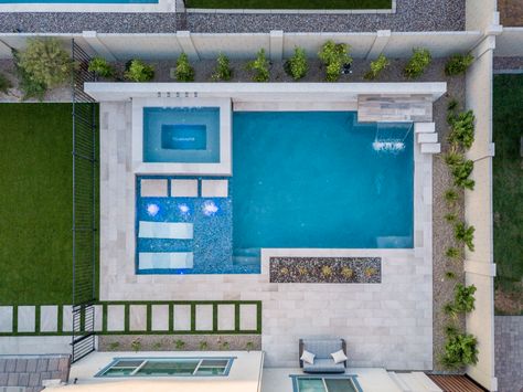 Arizona Pool Landscaping, Arizona Backyard Ideas Pool Landscape Design, Rectangle Pool With Spa And Sun Shelf, Rectangle Pool With Spa, Modern Rectangle Pool, Modern Pool Design, Pool With Jacuzzi, Modern Pool And Spa, Geometric Pools