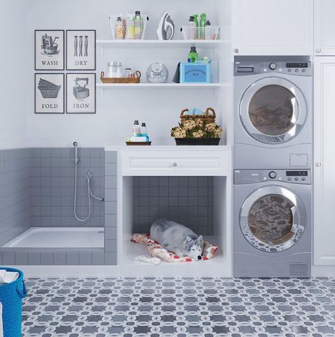 The Best Pet-Friendly Flooring Options - Why Tile is Top Laundry Room For Dogs, Utility Room Ideas For Dogs, Garage With Laundry Room, Utility Room Ideas With Dog Bath, Utility Washing Area, Dog Utility Room, Dog Wash In Laundry, Dog Wash Station In Laundry Room, Utility Room With Dog Wash