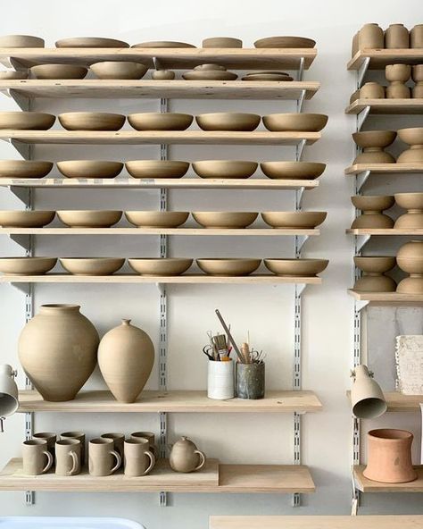 Kim Lê shared a post on Instagram: "Some pictures of the last couple of weeks in the studio. The shelves are filling up with new series of my regular tableware, the beginning of a production for the next restocking of the online shop. At the same time, since I came back from my recent throwing training, with the new gestures I learned, I'm trying out new shapes. I let the gesture leave its impression on the surface of the clay, in a more marked way than I usually do. I barely turn these new ... Poterry Studio, Small Pottery Studio Setup, Drums Studio, Ceramic Store, Workshop Studio, Pottery Workshop, Clay Studio, Dream Studio, Pottery Classes