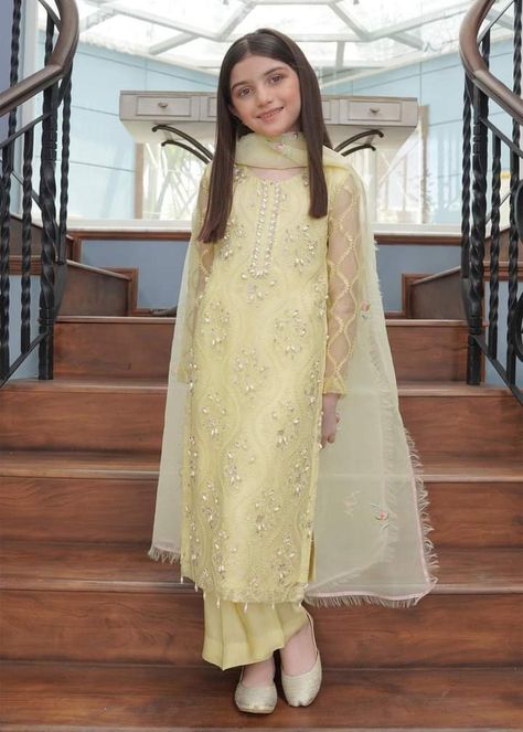 Embroidery With Ribbon, Lemon Colour Dress, New Dress Design Indian, Ribbon Styling, Bridal Couture Week, Shadi Dresses, Kids Ethnic Wear, Kurti Designs Latest, Kids Designer Dresses