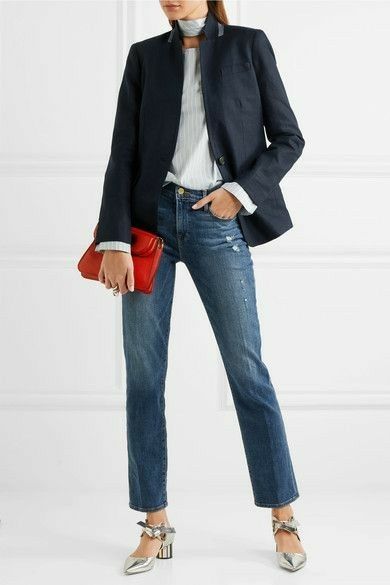 Denim For Work, Linen Blazer Outfit Women, Navy Linen Blazer, Linen Blazer Outfit, Blazer Linen, Preppy Blazer, Frame Jeans, Business Professional Outfits, Blazer Outfits For Women