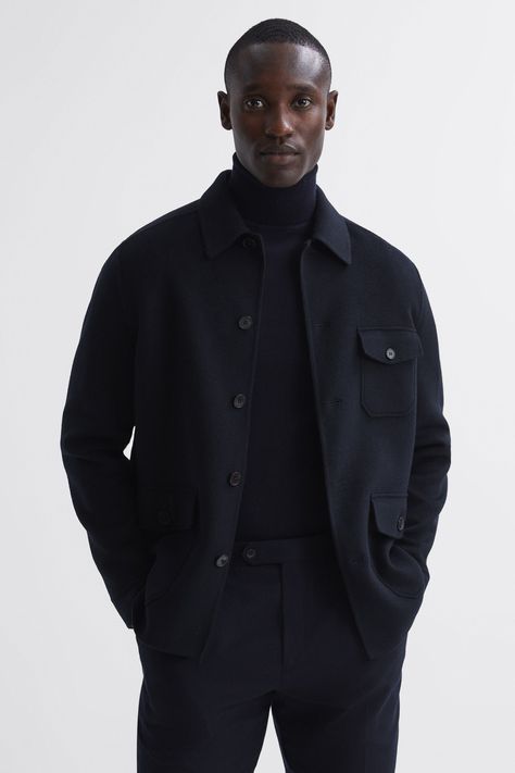 Mens Reiss Navy Mast Wool Button Via Jacket -  navy- #Button #Jacket #Mast #Mens #Navy #Reiss #Wool Check more at https://howcandothis.com/manstyle/mens-reiss-navy-mast-wool-button-via-jacket-navy/ Black Button Up Jacket Outfit, Formal Jackets Men, Black Jacket Outfit Mens, Black Outfits Men, All Black Outfit Men, Black Mens Fashion, Men Casual Jacket, Black Jacket Outfit, Wool Jacket Men