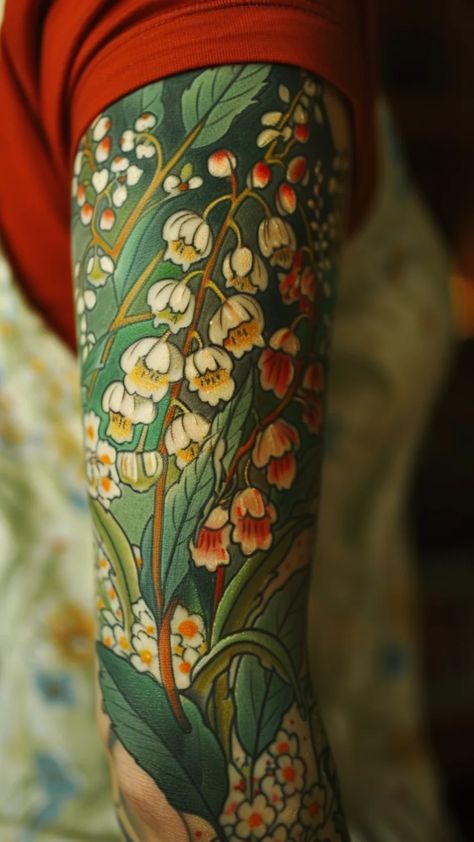 Discover beautiful May Birth Flower tattoo ideas for women! From delicate Lily of the Valley designs to colorful Hawthorn tattoos, find inspiration for your next ink. Whether you prefer small, thigh, arm, or sleeve tattoos, explore various May Birth Flower tattoo design ideas to express your unique style. Embrace traditional or neo-traditional tattoo styles with a touch of floral elegance. Let your skin bloom with the enchanting beauty of May's birth flowers! Artist Tattoos For Women, Van Gogh Irises Tattoo, Neotrad Tattoo Design, Flower Garden Tattoo, Dog Wood Flower, Hawthorn Tattoo, Tattoo Coverup Ideas, May Birth Flower Tattoo, Tattoo Art Ideas