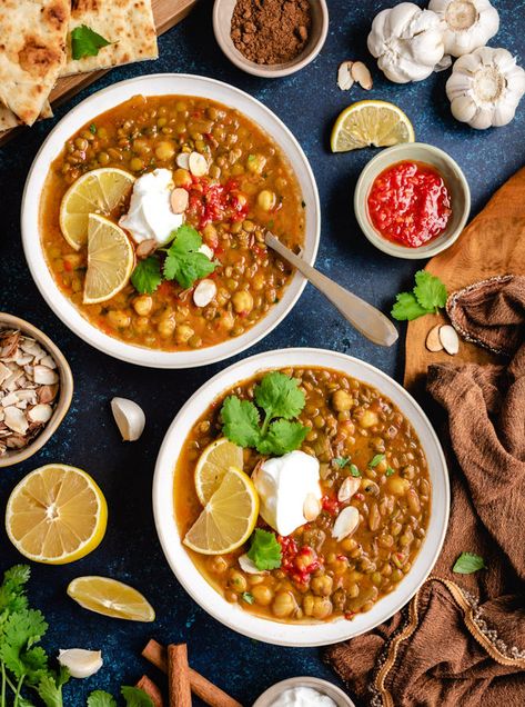 Harira Soup, Moroccan Lentil, Moroccan Soup, Moroccan Chickpea, Moroccan Recipes, Harissa Paste, Chickpea Soup, Lentil Soup Recipes, Food Meals