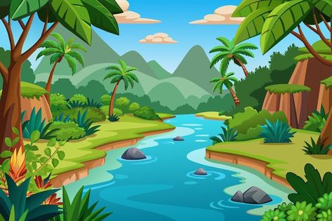 jungle background with beautiful river vector illustration Jungle Background, Beautiful River, Jungle Illustration, Stationery Templates, Flyer Maker, Poster Maker, Business Card Maker, Card Banner, Poster Invitation