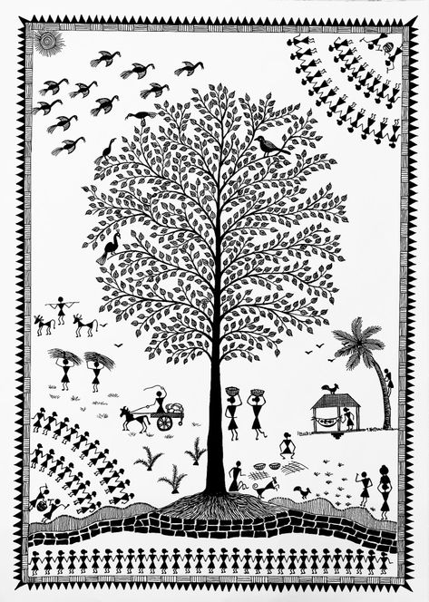 Warli Village Scene, Warli Art Black And White, Warli Art On A3 Sheet, Warli Art Wedding Scene, Warli Art Village Scene, Warli Mandala Art, Warli Art Designs, Chittara Art, Warli Drawing