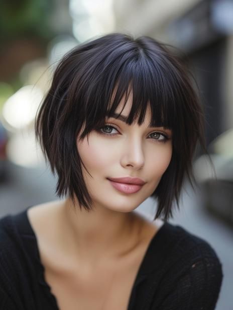 Stylish Short Hairstyles with Bangs for a Fresh Look Bob With Bangs Brown Hair, Short Hairstyles With A Fringe, Medium Short Hairstyle Women With Bangs, Short Bob With Fringe Bangs, Short Shag Hairstyles With Bangs, Short Hair Styles With Bangs Easy, Fringe Hairstyles Short, Bob Hairstyles Bangs, Short Shaggy Haircuts With Bangs