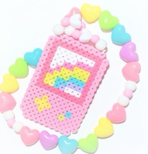 Peeler Bead Ideas Cute, Cutecore Perler Bead, Pink Perler Beads, Kawaii Perler Beads, Kawaii Perler Bead Patterns, Kawaii Perler, Kawaii Kandi, Kandi Inspo, Pearl Beads Pattern