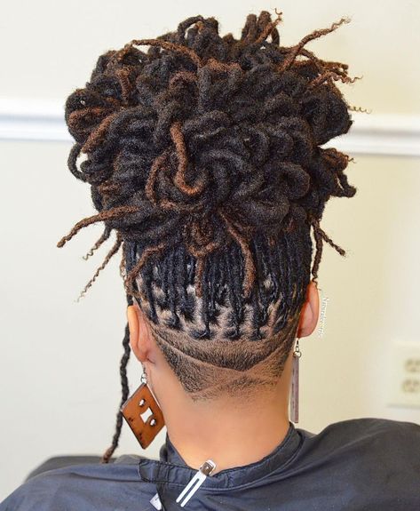 High Top Locs For Women, Updo Dreadlock Styles Black Women, Shaved Sides With Locs Black Women, Messy Loc Bun Dreadlocks Updo, Updo Locks Hairstyle, Curly Loc Updos For Women, Dreadlock Updo Hairstyles Black Women, Updo With Shaved Sides, Hairstyles For Short Locs For Women