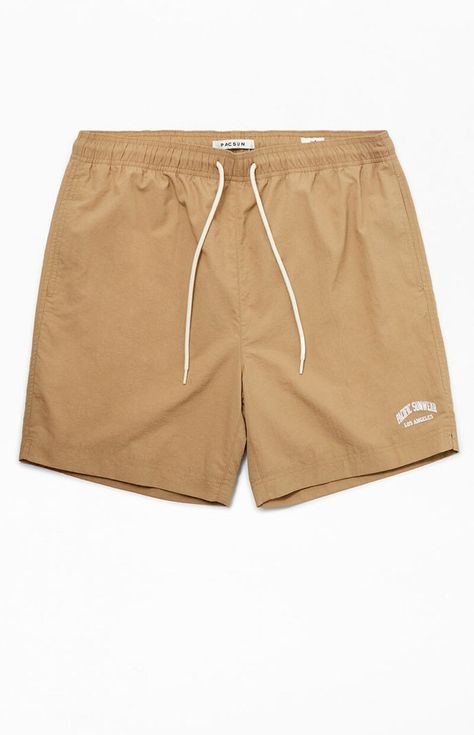 Tan Nylon Collegiate 6.5" Swim Trunks Pacsun Mens, Mesh Shorts, New And Improved, Man Swimming, Sleek Look, Shop Swimwear, Mens Swimwear, Swim Trunks, Model Measurements