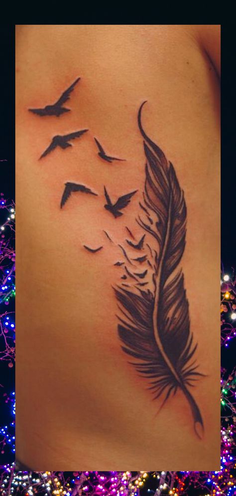 Simple And Beautiful Feather Tattoo Design | Feather Bird Tattoo | Tattoo Ideas Feather. 3 Feather Tattoo Ideas, Feather Breaking Into Birds Tattoo, Feathers Falling Tattoo, Feather With Names Tattoo Ideas, Feather To Bird Tattoo, Mum Feather Tattoo, Bird And Feather Tattoos For Women, Feather And Bird Tattoo Design, Feather Tattoos Hand