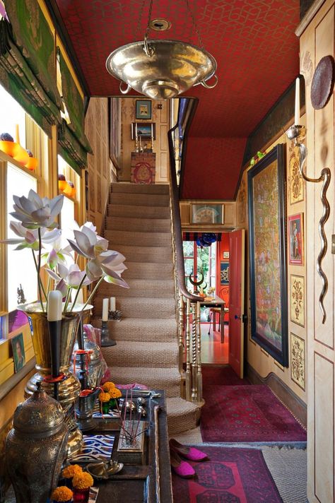 You never know what is behind closed doors. Maximalist Entryway Ideas, Bold Entryway Ideas, Behind The Door Decor, Cedar Staircase, Colorful Entryway Ideas, Maximalist Entryway, Eclectic Hallway, Aesthetic Home Decor Ideas, Colorful Eclectic Home