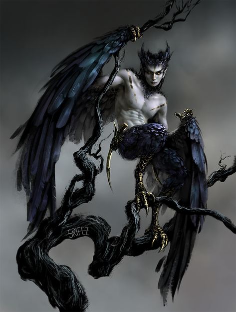 ArtStation - Three Toes Crow Demon, Fantasy Demon, Dark Creatures, Humanoid Creatures, A Crow, Roleplay Characters, Ange Demon, Fantasy Sci Fi, Fantasy Races