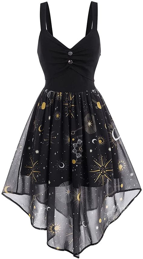 AmazonSmile: FEAPHY Women's Vintage Chiffon Sun Moon Star Sleeveless A-Line High Low Dress (Galaxy-Purple, L) : Clothing, Shoes & Jewelry Galaxy Dress, Moon Dress, Star Clothing, Fast Fashion Brands, Star Dress, Moon Star, Really Cute Outfits, Edgy Outfits, Sun Moon