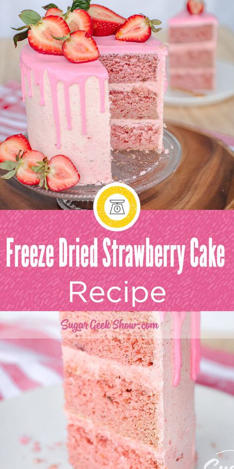 Strawberry cake from scratch (freeze-dried) + recipe | Sugar Geek Show Strawberry Cake Freeze Dried, Freeze Dried Strawberry Cupcakes, Strawberry Cake Using Freeze Dried Strawberries, Strawberry Cake Freeze Dried Strawberries, Freeze Dried Raspberry Cake, Strawberry Cake With Freeze Dried Strawberries, Freeze Dried Strawberry Cake, Recipes Using Freeze Dried Fruit, Strawberry Cake With Freeze Dried