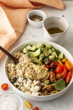 Jasmine Rice Bowls, Mediterranean Rice Bowl, Cantaloupe Cucumber Salad, Mediterranean Rice, Mediterranean Bowl, Hummus Salad, Greek Rice, Bowls Recipes, Hummus Bowl