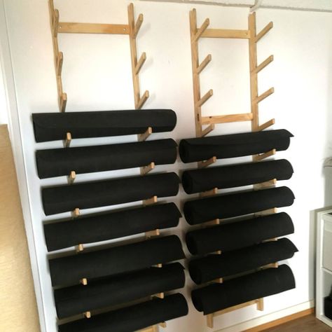 Plywood yoga mat storage at the Kali Collective yoga studio. Made by Altronica Yoga Studio Interior, Sala Yoga, Yoga Storage, Yoga Room Design, Yoga Kunst, Yoga Mat Storage, Meditation Studio, Studio Pilates, Yoga Studio Design