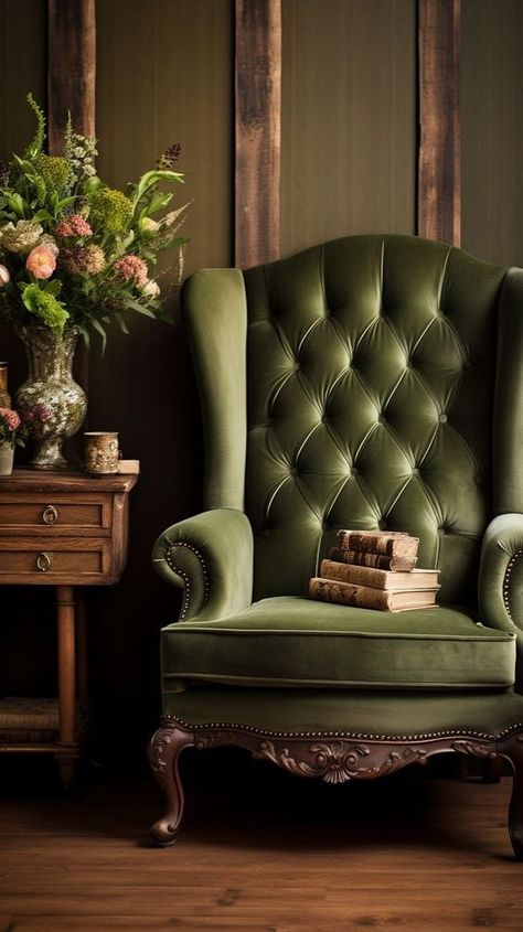 Dark Green Accent Chair, Green Library Room, Non Christmas Winter Decor, Bathroom Curtains Ideas, January Home Decor Ideas, Warm Apartment Aesthetic, Reading Room Ideas, Pinecone Decorations, January Home Decor