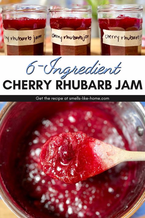 This homemade cherry rhubarb jam recipe will help you put those sad cherries to good use and introduce you to the amazing world of rhubarb! With just a few simple ingredients, you can make this delightful jam in under an hour. Say goodbye to store-bought jam and hello to the deliciousness of homemade preserves. Try this easy and quick recipe today and taste the difference that fresh, homemade jam can make! Cherry Rhubarb Recipes, Cherry Rhubarb Jam Recipe, Rhubarb Jam Recipes Canning, Cherry Rhubarb Jam, Cherry Rhubarb, Muscadine Jelly, Rhubarb Jelly, Sour Cherry Jam, Homemade Preserves