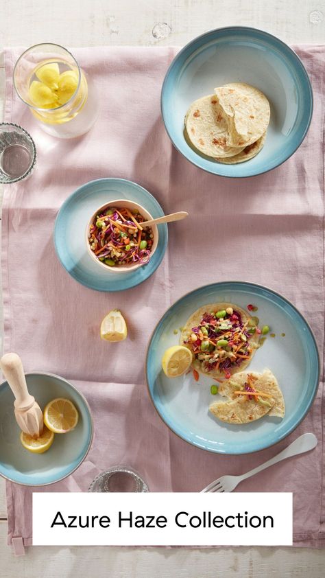 Bring the Mediterranean to your dining table with the cool aquamarine tones of Denby Azure Haze, with a striking glaze effect that combines power blue skies and sea greens — perfect for relaxed coastal interiors. Denby Pottery, Pasta Bowl Set, Cooked Breakfast, Dinner Plate Sets, Pasta Bowls, Tableware Set, Small Plates, White Glaze, Dinner Sets