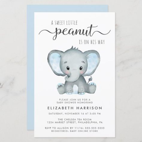 $1.43 | Budget Elephant Blue Baby Shower Invitation | Baby Shower Invitations | baby shower, boy, elephant, sweet little peanut, watercolor, stylish script, blue, cute, simple, inexpensive budget Mint Baby Shower, Baby Boy Sprinkle, Elephant Baby Boy, Couples Baby Shower Invitations, Virtual Baby Shower Invitation, Blue Baby Shower Invitations, Safari Baby Shower Invitations, Boy Shower Invitations, Baby Sprinkle Invitations