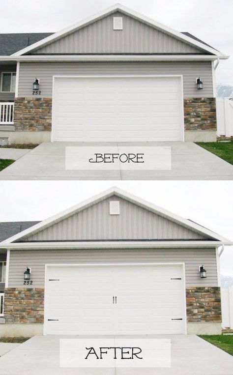 Or class it up with DIY carriage house doors. | 39 Budget Curb Appeal Ideas That Will Totally Change Your Home Diy Curb Appeal, Design Apartment, Up House, Home Upgrades, Updating House, Diy Home Improvement, Home Reno, Garage Door, House Numbers