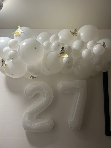 #birthday #birthdayparty #birthdaydecoration #butterfly #goldbutterfly #27th #27thbirthday #balloons #balloonarch #balloongarland #balloondecor #balloonbackdrop #whiteandgold #simpledesign #simpleballoons 27th Birthday Aesthetic, Gold Balloon Decor, 27th Birthday Decorations, 27 Birthday Ideas, Bday Aesthetic, 27 Birthday, Birthday Plans, Birthday In Heaven, 27th Birthday