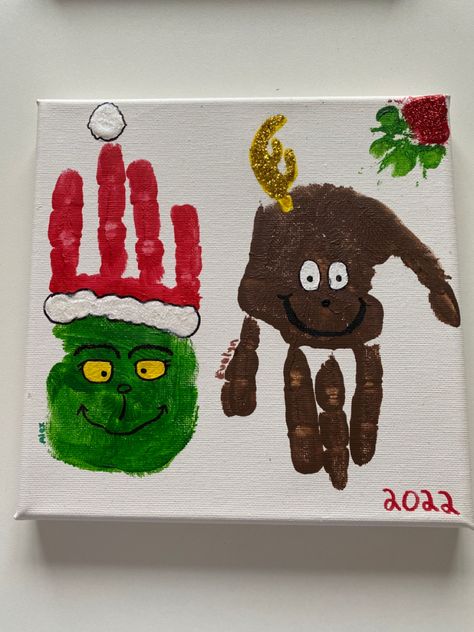 Grinch And Max Handprint, Grinch Christmas Ornaments Kids, Grinch Themed Crafts For Toddlers, Max From Grinch Ornament Diy, The Grinch Handprint, Grinch Hand Print Craft, The Grinch Crafts For Toddlers, Small Canvas Christmas Crafts For Kids, Christmas Handprint Canvas