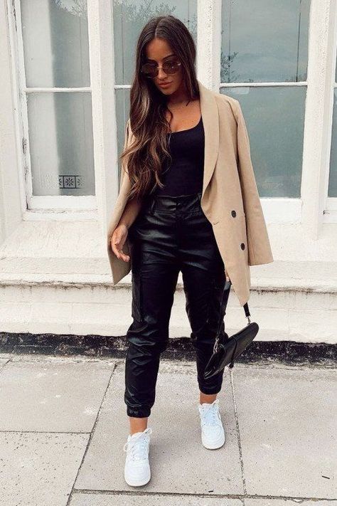 71a58e8cb75904f24cde464161c3e766desc41842746ri Black Leather Pants, White Sneakers, Leather Pants, Black Leather, Trousers, Blazer, Sneakers, Pants, Leather