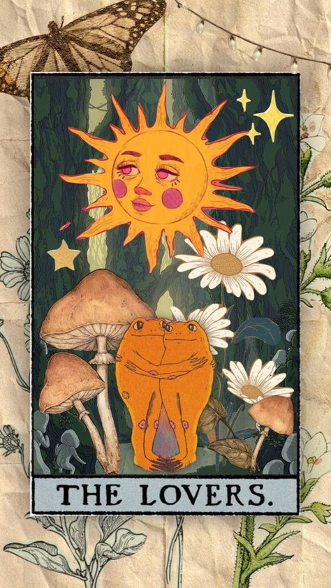 #tarot #tarotcards #frogs #aesthetic Lovers tarot in a cute psychedelic froggy version Cottagecore Tarot Cards, The Lovers Tarot Painting, Lovers Card Wallpaper, The Lovers Aesthetic Tarot, The Lovers Tarot Card Painting, Tarot Painting Ideas, Frog Tarot Card, Painted Tarot Cards, Aesthetic Tarot Cards Wallpaper