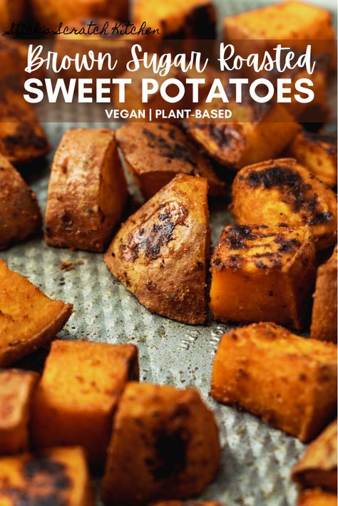 Brown Sugar Roasted Sweet Potatoes are crispy, lightly sweet and smoky thanks to brown sugar (or coconut sugar), smoked paprika, and black pepper. Oven baked perfection at 425F. #brownsugarsweetpotatoes #sweetpotatoes #roastedsweetpotatoes #brownsugar #vegan #sweetpotatorecipes #plantbased #plantbasedrecipe #veganrecipe Brown Sugar Sweet Potatoes, Sweet Potato Oven, Sweet Potato Seasoning, Sweet Potato Recipes Roasted, Roasted Vegetable Salad, Sweet Potatoe Bites, Breakfast Sides, Potato Sticks, Yummy Sweet Potatoes