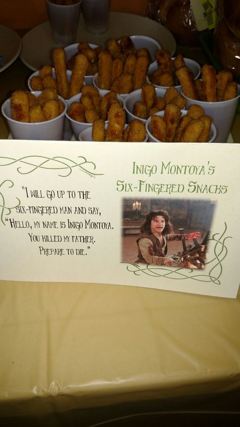 Princess Bride Party... Inigo Montoya's Six Fingered Snack Princess Bride Movie Snacks, Princess Bride Themed Dinner, Princess Bride Snacks, Princess Bride Decor, Princess Bride Recipes, Princess Bride Dinner, The Princess Bride Wedding Theme, Princess Bride Food Party Ideas, Princess Bride Themed Food