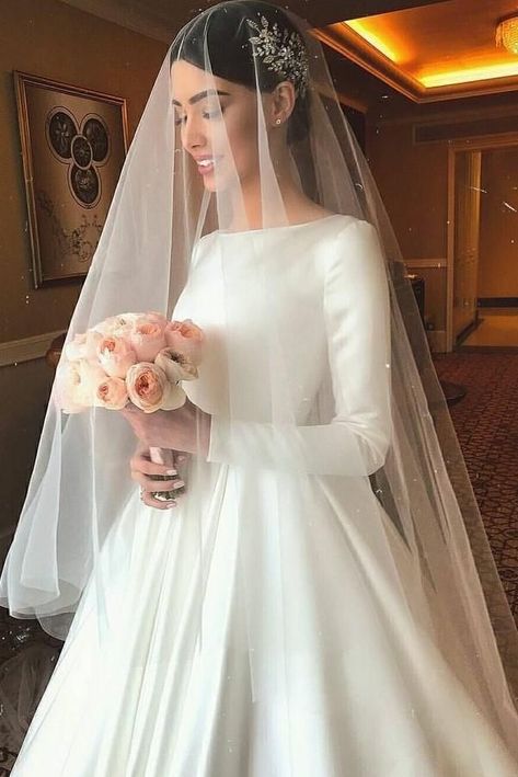 Modest Ball Gown, Ball Gown Long Sleeve, White Satin Wedding Dress, Wedding Dresses Princess, Gown Long Sleeve, Long Sleeve Wedding Dresses, Sleeve Wedding Dresses, Long Sleeve Wedding Gowns, Long Sleeve Wedding Dress