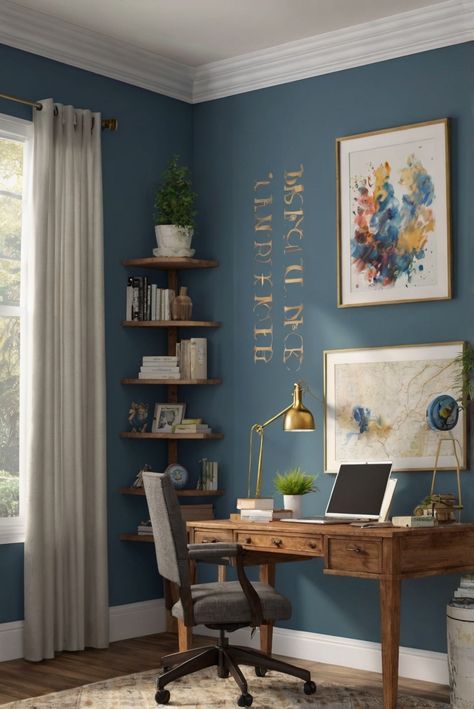 home decor interior design, interior bedroom design, designer wall paint, paint color match Office Painting Ideas, Calm Home Office, Blue Office Ideas, Home Office Paint Colors, Office Colours, Office Wall Paints, Home Office Paint, Office Wall Colors, Blue Home Offices