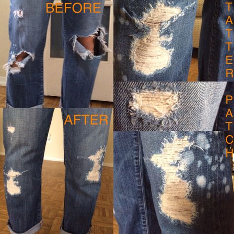 TATTER PATCH is the first-ever iron-on designer threaded inner-patch that repairs, revives, and restyles your favorite jeans for a distressed vintage look in under 5 minutes.  Get yours at www.Tatterpatch.com Outfits With Patched Jeans, Hole In Knee Jeans Repair, Patch Knees In Jeans, Cute Patches For Jeans, Distressed Jeans Patching, Ripped Jeans Patch Ideas, Ripped Jean Repair, Knee Patches For Jeans Women, Diy Holes In Jeans