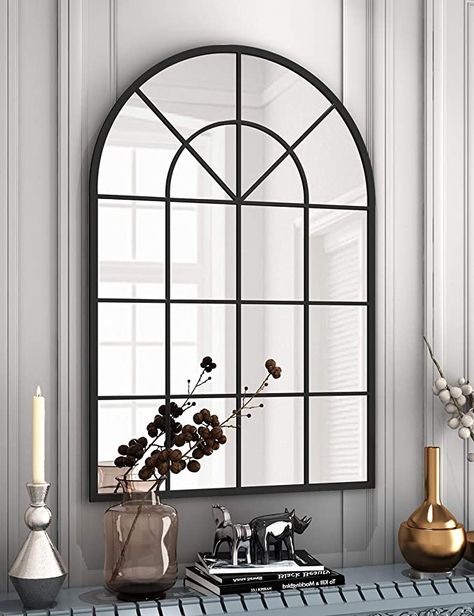 Amazon.com: Arched Window Finished Metal Mirror - 32"×47" Wall Mirror Black Frame Window Pane Decoration for Living Room: Kitchen & Dining Arched Window Mirror, Window Bathroom, Window Pane Mirror, Home Foyer, Rustic Mirror, Bathroom Rustic, Curved Mirror, Powder Room Decor, Entryway Mirror